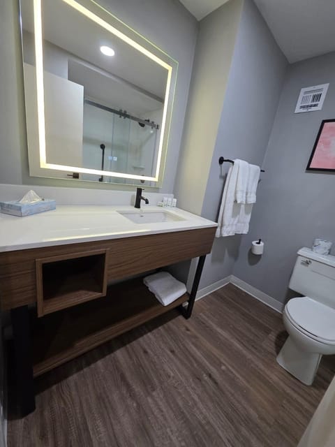 1 King Bed, Premier Tower Room, Full Kitchen, Walk-In Shower, Non-Smoking | Bathroom | Combined shower/tub, free toiletries, hair dryer, towels