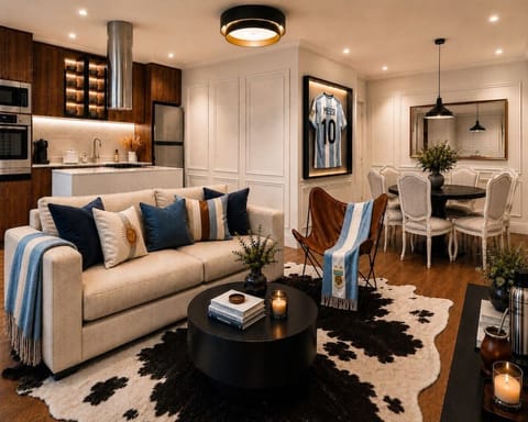 Gather in the bright open-concept living space with a fully equipped kitchen, stylish dining area, Smart TV, and thoughtful Argentine-inspired décor throughout.