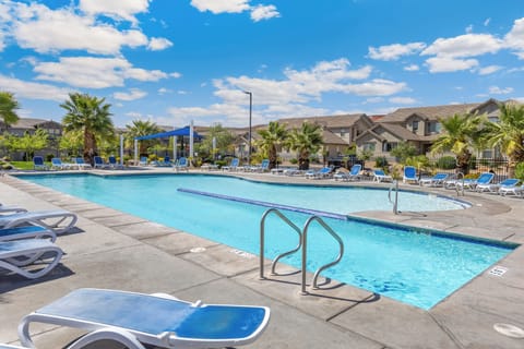 Community heated pool and hot tub just outside the front door - easy pool days for families, couples, and Southern Utah getaways.
