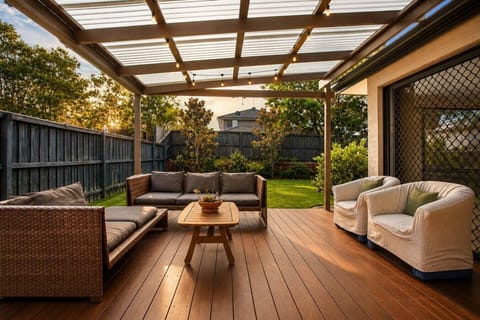 Covered alfresco • Cozy lounge • Private garden • Perfect for morning coffees and evening wine.