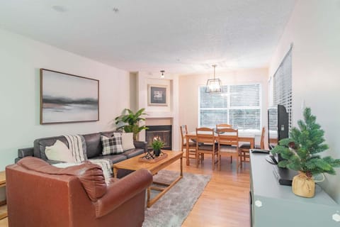 Living area: Pull-out sofa, Gas fireplace, TV, Balcony access
