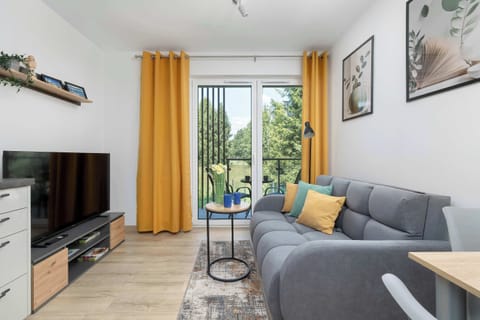 A modern living room features a sofa placed opposite a television console. Large glass doors leading to a balcony allow natural light to fill the space, creating a bright atmosphere.