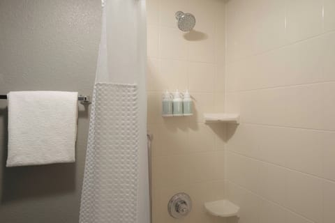 Combined shower/tub, free toiletries, hair dryer, towels