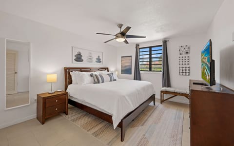 Comfortable king bed to relax in after a long each day and a full length mirror to check your fit before leaving!