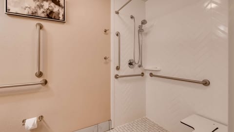 Combined shower/tub, free toiletries, hair dryer, towels