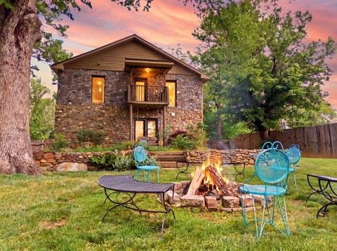 Backyard | Fire Pit & Outdoor Seating | Rustic Stone Home & Spacious Fenced Yard