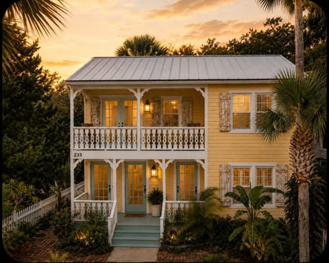 Charming two-story cottage with double porches and tropical sunset glow