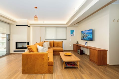 Warm, inviting living room with plush sofa.