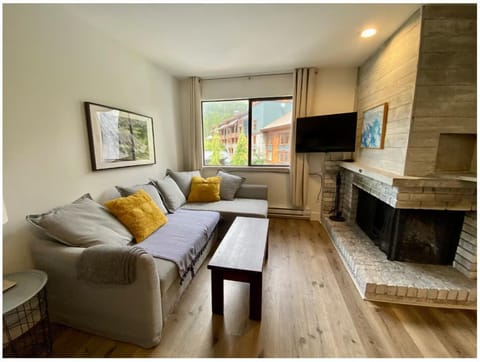 Primary bedroom: Queen bed, sofa bed, wood-burning fireplace, mountain and forest views