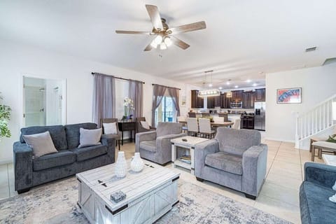 Open floor plan connects the large kitchen, living and dining room 