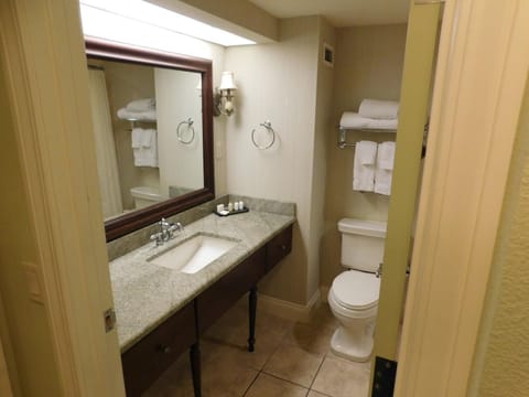 Combined shower/tub, free toiletries, towels, soap