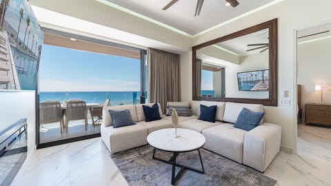 Wrap around sofa in the living room.