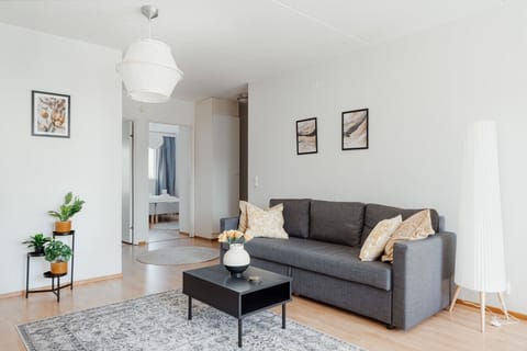 Spacious living room with a comfortable grey sofa and plenty of room to unwind.