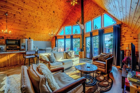 Chalet - Spacious A-frame living room with soaring ceilings and beautiful forest views.