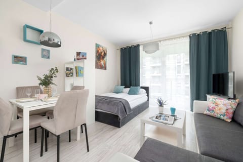 A bright and cozy living area with a comfortable sofa bed and a dining table. Large windows fill the apartment with natural light.