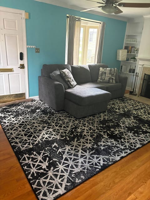 Bright cozy living room with sectional, fireplace, and stylish rug