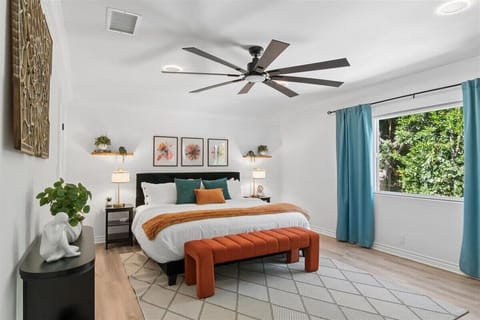 Beautiful master bedroom with king-sized bed, bright and light during the day and blackout curtains for the night. Includes a top-of-the-line mattress and Egyptian cotton bedding.