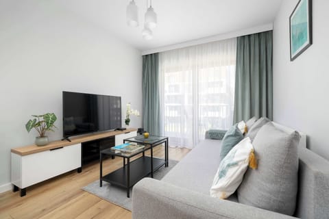 A bright living room features a comfortable grey sofa decorated with accent pillows in front of a modern TV stand and coffee table. Floor-to-ceiling windows with light drapes illuminate the tidy space.