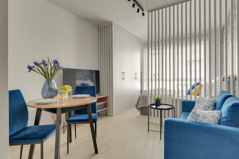 W salonie znajduje się niebieska sofa z funkcją spania, stolik kawowy oraz telewizor Smart TV z dostępem do kanałów kablowych. Część sypialniana została oddzielona od salonu dekoracyjną ścianką z pionowych listew. 