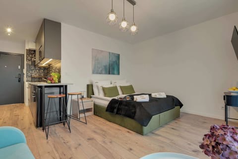 Przestrzeń apartamentu łączy funkcję sypialni, części wypoczynkowej i jadalnianej. Znajduje się w niej wygodne łóżko małżeńskie z hotelową pościelą i kompletem poduszek oraz rozkładana sofa zapewniająca dodatkowe miejsce do spania dla jednej osoby. 