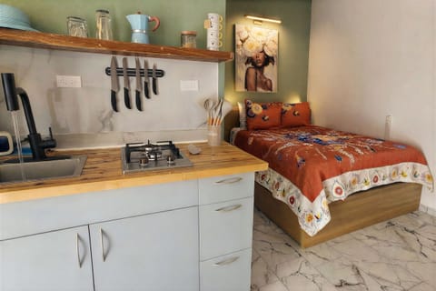 Cozy studio with stylish kitchenette, warm decor, and inviting bed