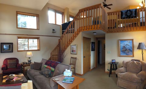 Living room on the lower level with gas fireplace
