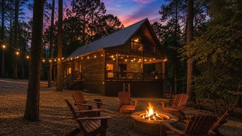 At twilight with glowing fire pit and wraparound deck