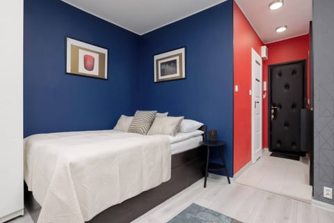 Cozy studio with a comfortable double bed, dark blue walls, framed pictures, and a red entrance door.