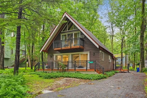Renovated A-frame vacation rental in Locust Lake Village, Pocono Lake PA, tucked into a fern-covered wooded lot