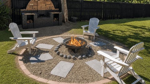 Gather around the fire pit and pizza oven for memorable evenings outdoors.