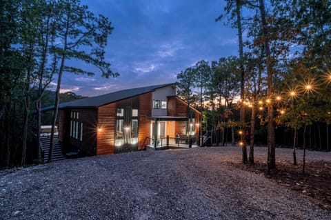 Front view of cabin at Night