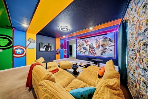 Assemble your crew for movie time in this Avengers-inspired theater room.