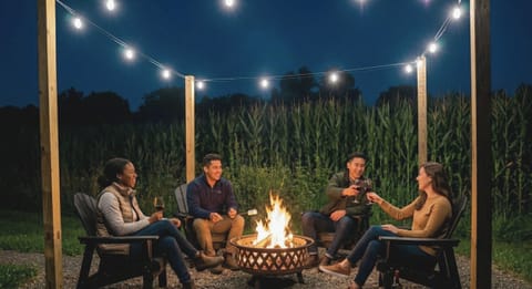Cozy fire pit lounge with string lights—perfect for starlit nights