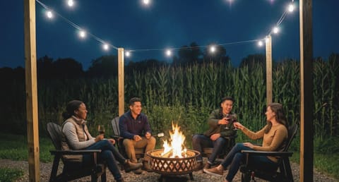 Cozy fire pit & Adirondack lounge under string lights—starry nights.