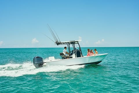 Head out onto open water together aboard a boat, cruising along the coast.