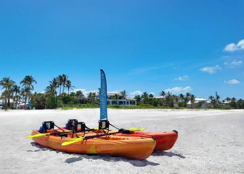 Kayaks line up on the beach, ready to launch into calm waters.