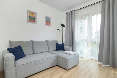 Bright living room with a comfortable grey sectional sofa, blue cushions, floor lamp, and large windows.