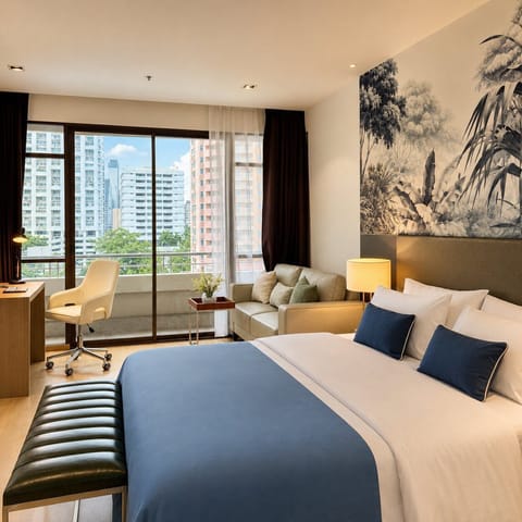 Modern city-view bedroom with balcony, sofa, and workspace