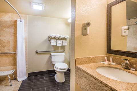 Combined shower/tub, deep soaking tub, free toiletries, hair dryer