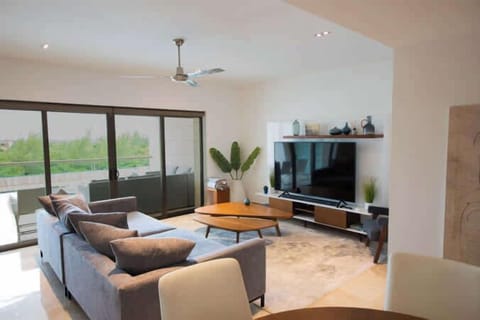 Comfortable living room with TV and ceiling fan