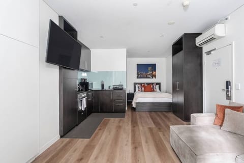 From this view, the open-plan studio connects the living area, kitchen, and sleeping space into one practical layout.