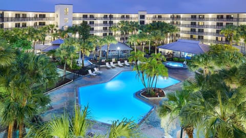 Illuminated pool area with tropical landscaping at night.