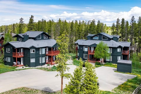 Charcoal-gray multi-unit buildings with warm wood balconies nestle among towering pines in a peaceful mountain setting with ample parking.