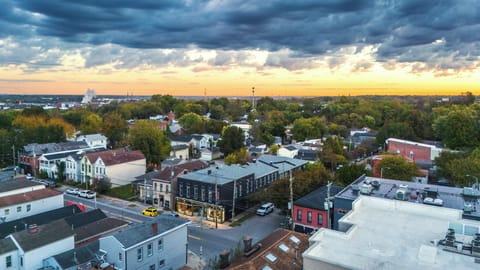 Scenic sunset views over a charming, tree-lined neighborhood
