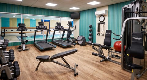 Well-equipped fitness centre with treadmills, weights, and exercise machines.