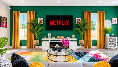 Living Room: Vibrant decor and large windows fill this space with light and style for relaxation!