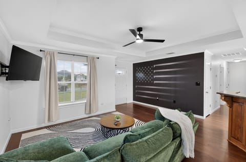 Inviting living room with bold American flag accent wall and TV.