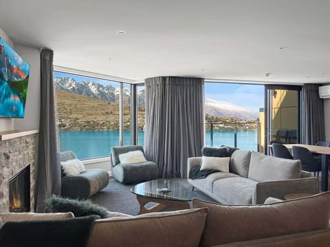 Living room with lake views and comfortable seating