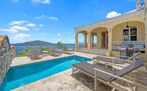 Plunge pool and loungers with views of Hans Lollik in the background.