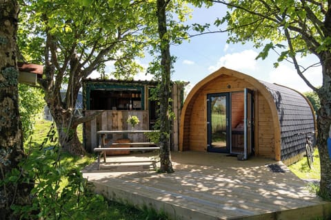 Wooden cabin with curved roof and glass doors on a deck among trees